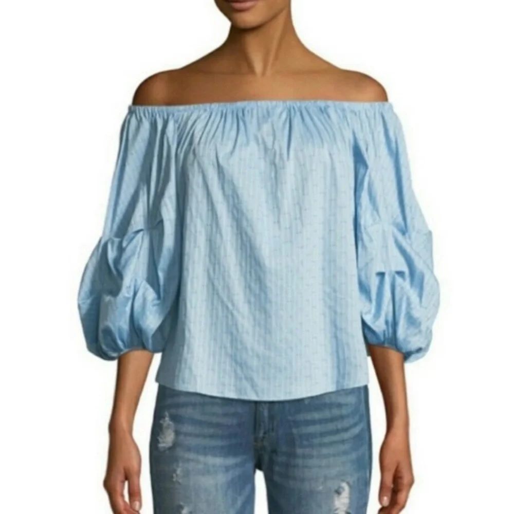 🇺🇸 CECE Blue Off-the-shoulder Balloon-sleeve Blouse NWT M - Picture 3 of 16
